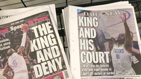Newspaper Coverage of  LeBron James Big Night at MSG approaching All Time Points Stock Footage 232405309