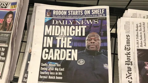 Newspaper Coverage of Patrick Ewing Fired by Georgetown After Six Seasons Video stock 235851069