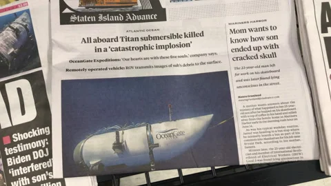 Newspaper Coverage of the Titan submersible imploded Video stock 244592834