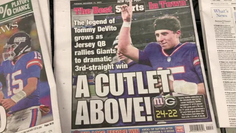 Newspaper Coverage of the Tommy DeVito Legend with NY Giants Wins 3 in a row Stock Footage 258401628