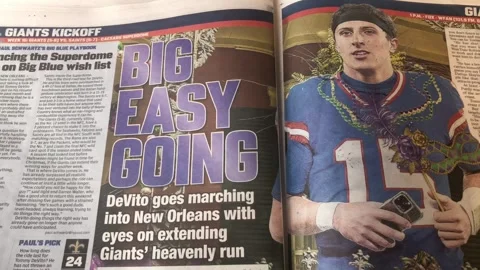 Newspaper Coverage of the Tommy DeVito Rising Star in New Jersey for NY Giants Stock Footage 259646984
