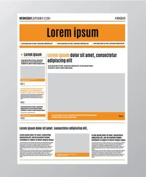 Newspaper design template with red headline, images and charts, articles and Stock Illustration