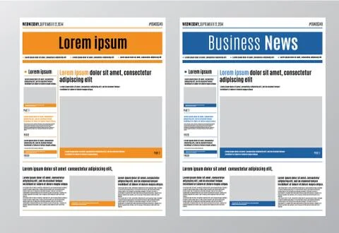 Newspaper design template with red headline, images and charts, articles and Stock Illustration