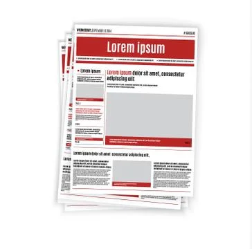 Newspaper design template with red headline, images and charts, articles and Stock Illustration