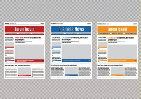 Newspaper design template with red headline, images and charts, articles and Stock Illustration