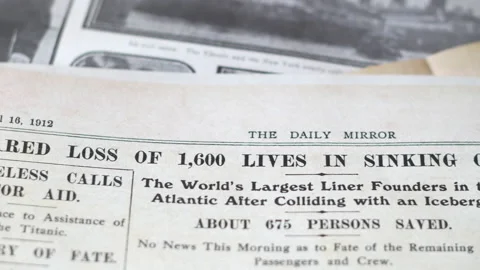 Newspaper headlines form 1912 after the titanic sank after colliding with Stock Footage 175889673