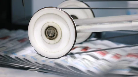 Newspaper printing machine while operating. Stockbeeldmateriaal 112211670