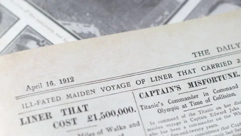 Newspaper reports after the sinking of the titanic ship in 1912 detailing Stock Footage 175884629