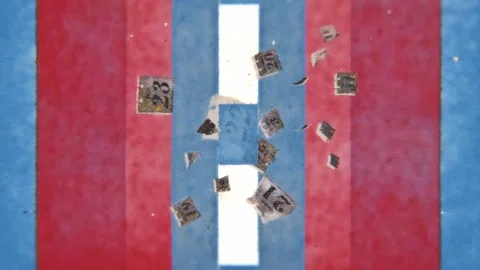 Newspaper scraps falling past red and blue vertical bands Stock Footage 346778407