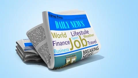 Newspaper in stack 3d render on blue Stock Illustration