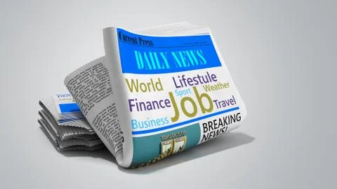 Newspaper in stack 3d render on grey Stock Illustration