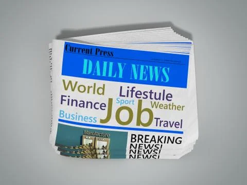 Newspaper in stack 3d render on grey Stock Illustration