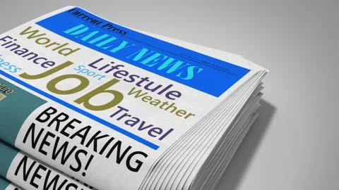 Newspaper in stack 3d render on grey Stock Illustration