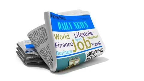 Newspaper in stack 3d render on white Stock Illustration