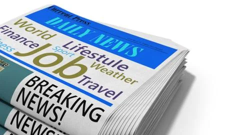 Newspaper in stack 3d render on white Stock Illustration