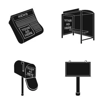 Newspapers, a bus stop, a mail box, a billboard.Advertising,set collection icons Stock Illustration
