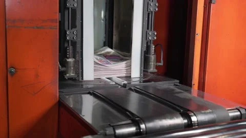 Newspapers fall into large pile and move along the conveyor line. Printing house Vídeo Stock 171444671
