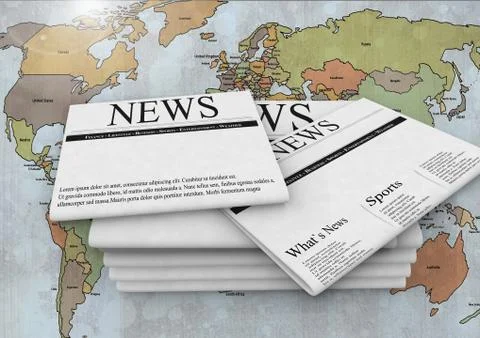 Newspapers stacked on top of world map Stock Illustration