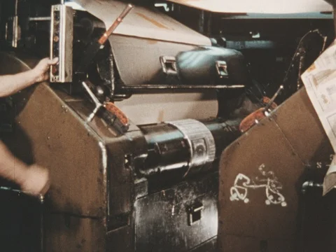 Newsprint is printed on as it goes through the press. Stock Footage