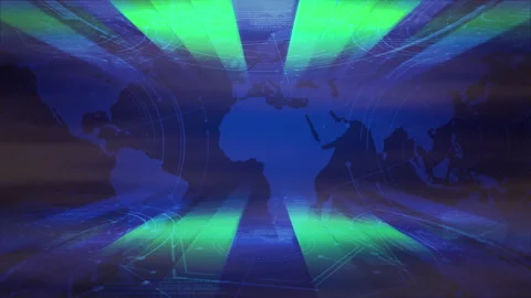 Newsroom with green neon lines and world map Stock Footage