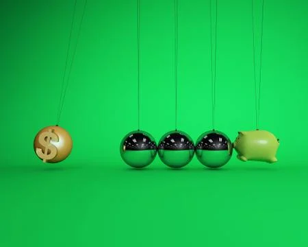 Newton balls bumping against each other, piggy bank and dollar, bank security Stock Illustration