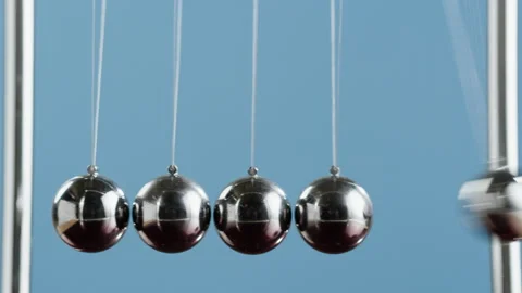 Newton balls close-up, five metallic pendulums on blue background, cradle Stock Footage 204925398