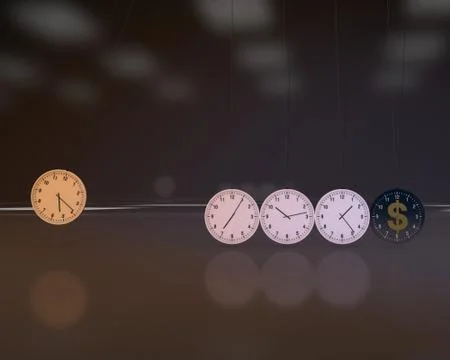 Newton balls hitting each other, clock and dollar, time is money Stock Illustration