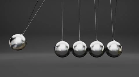Newton cradle with balancing pendulum of silver metal balls . 3d render Stock Illustration