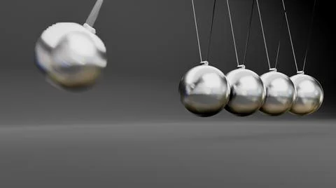 Newton cradle with balancing pendulum of silver metal balls . 3d render Stock Illustration