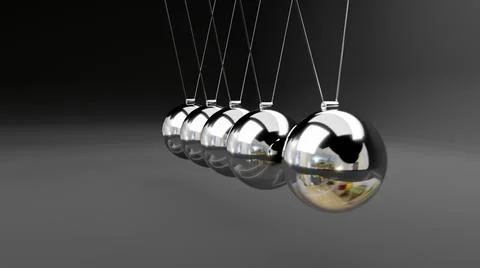 Newton cradle with balancing pendulum of silver metal balls . 3d render Stock Illustration