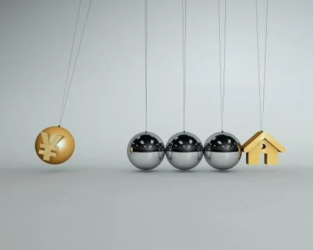 Newton's balls bumping against each other, house and RMB, real estate economy Stock Illustration