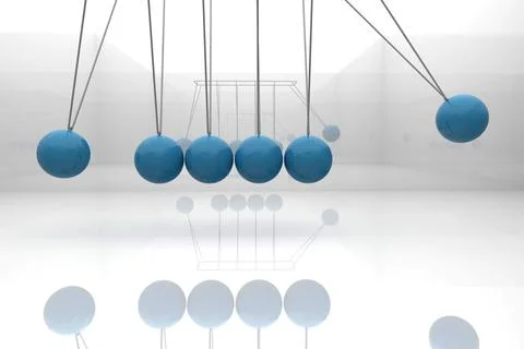 Newton's cradle is demonstrating motion in clean 3D render with glossy blue Stock Illustration