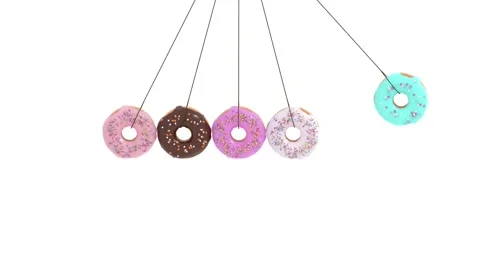 Newton's cradle from doughnuts on white background. Harm of sugar, donuts time Stock Footage 159666704