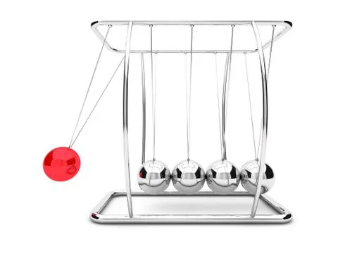 Newtons cradle with one raised red ball. 3D Stock Illustration