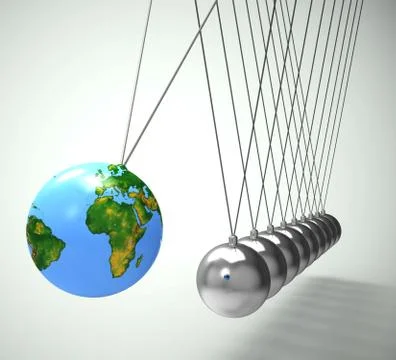 Newtons cradle pendulum with sphere or ball shows impact and effect - 3d illu Иллюстрация