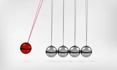 Newton's cradle pendulum with swinging spheres red metal ball 3d realistic Stock Illustration