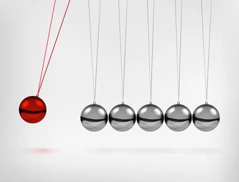 Newton's cradle pendulum with swinging spheres red metal ball 3d realistic Stock Illustration