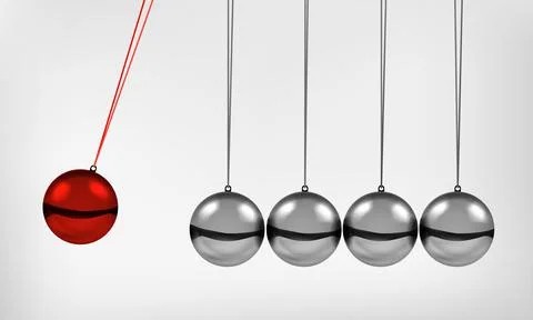 Newton's cradle pendulum with swinging spheres red metal ball 3d realistic Stock Illustration