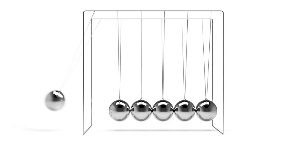 Newton's cradle side view with moving steel ball over white background, ide.. 스톡 일러스트