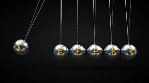 Newton's Cradle silver balls and golden currency symbols. 3d illustration, on Stock Illustration