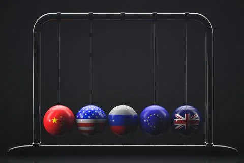Newton's pendulum. Balls with the design of the state symbols of China, USA, Foto stock