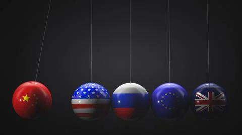 Newton's pendulum. Balls with the state symbols: China, USA, Russia, European Foto stock