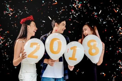 Newyear party ,celebration party group of asian young people holding balloon Foto stock