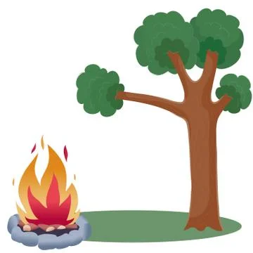 Next to a big tree a bonfire lined with stones burns, camping, Illustrazione stock