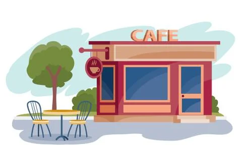 Next to the cafe there is a table with two chairs under a green tree, isolated Stock Illustration