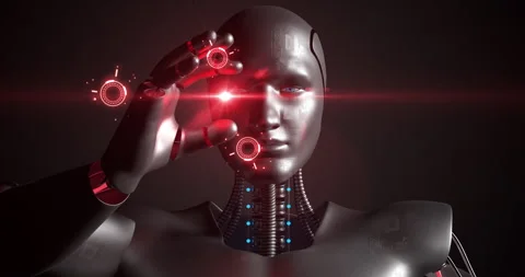 Next Gen Robot Deep Analyzing. Holding A Shiny Light. Transferring Data. Video stock 260746619