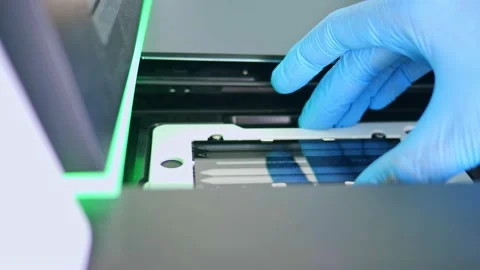 Next generation sequencing flow cell of DNA sequencer. genetic engineering 스톡 동영상 208121615