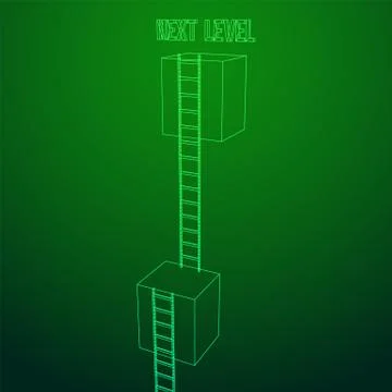 Next level with high giant box wall towards the sky with clouds and tall ladders Stock Illustration
