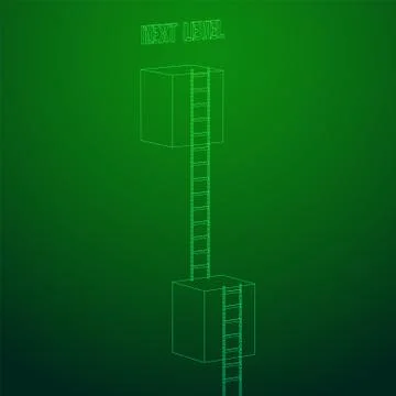 Next level with high giant box wall towards the sky with clouds and tall ladders Stock Illustration