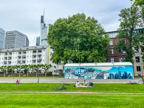 Next to river Main - view to the skyline of the financial district Frankfurt. Stock Photos